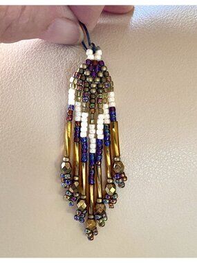 Native American Gold Purple White Beaded Earrings